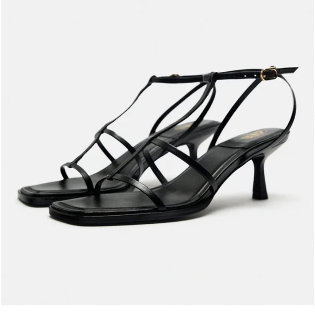 Zara Strappy Heeled Leather Sandals Black Size 36